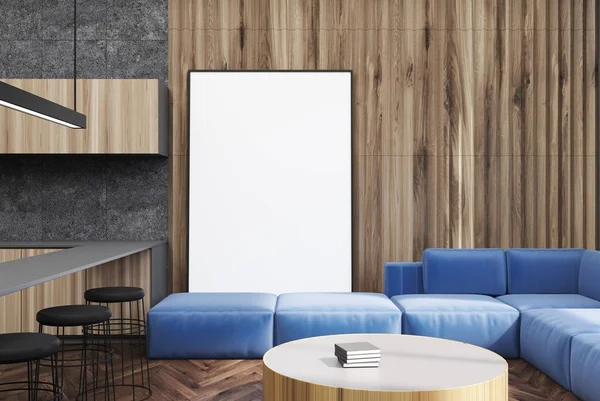 Gray and wooden living room, poster and bar — Stock Photo, Image