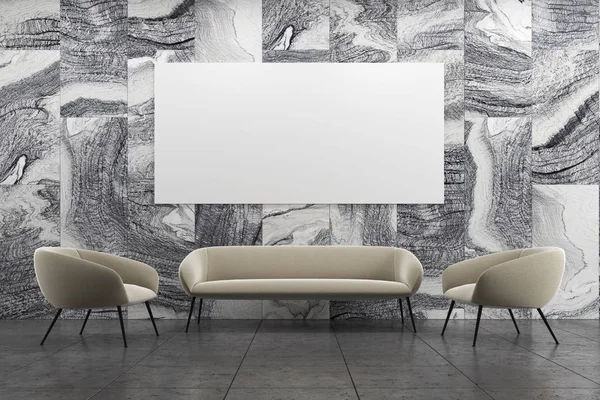 Sala de estar em mármore, sofá branco, poltronas, cartaz — Fotografia de Stock