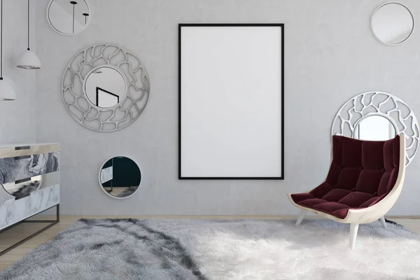 Red armchair and poster in a mirror living room — Stock Photo, Image