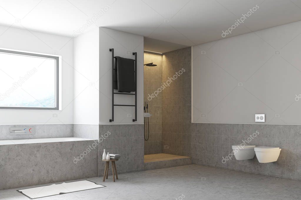 Gray bathroom, toilets and shower