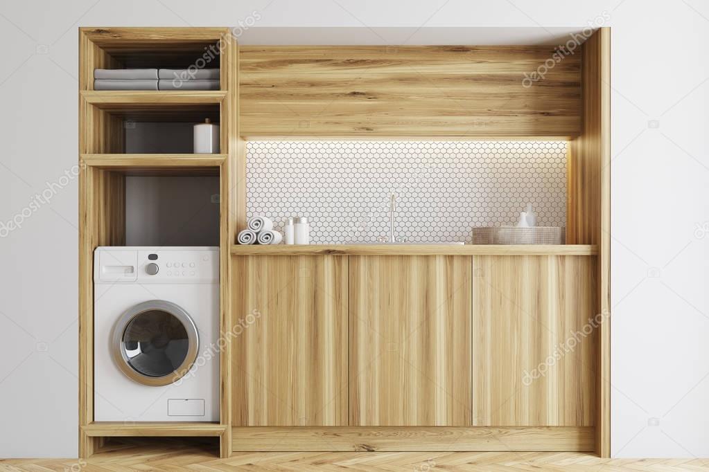 White and wooden laundry room, close up