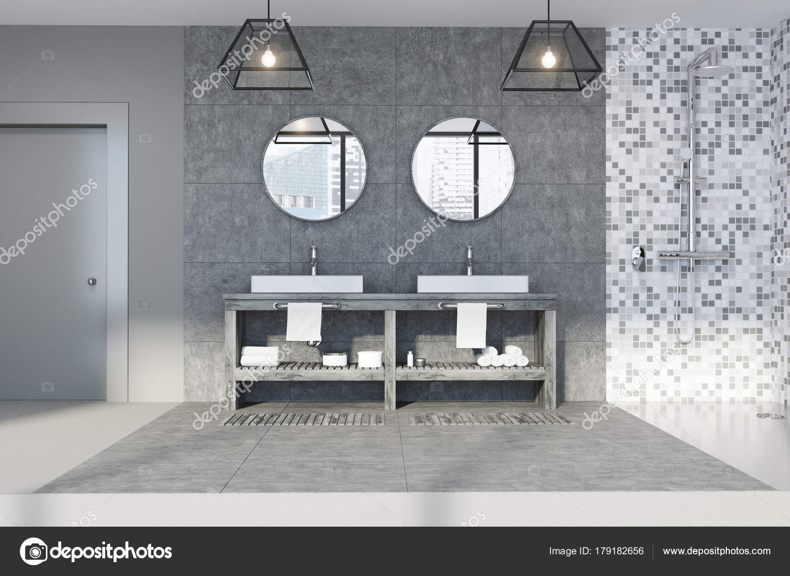 Fotos de Baño de baldosas grises, doble lavabo - Imagen de