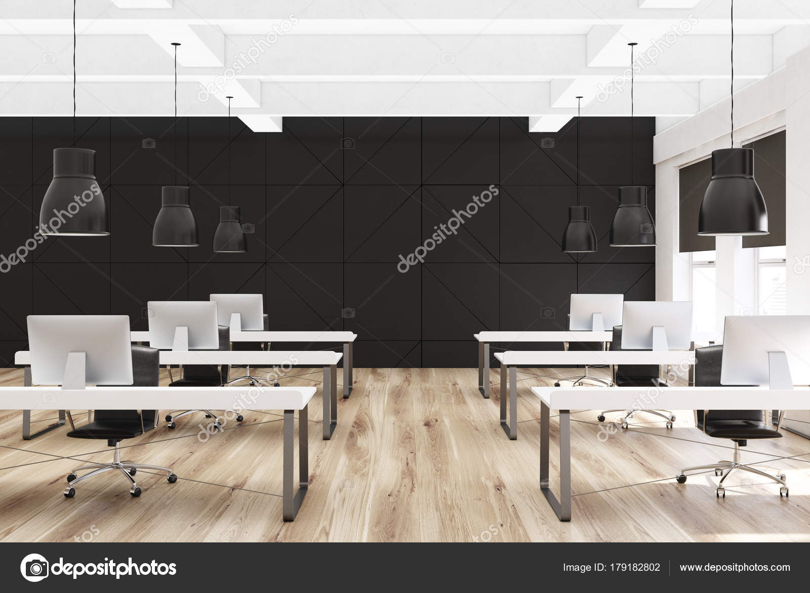Black Open Space Office Rows Of Desks Stock Photo