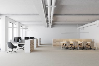 Açık alan ofis, ahşap kabinleri beyaz