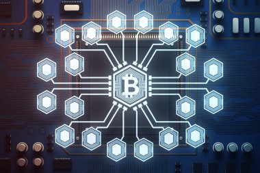 Blue circuit board, bitcoin network clipart