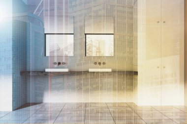 Gri duvar banyo, çift lavabo tonda