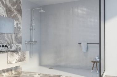 White marble bathroom corner, shower and sink
