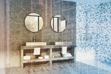 Beyaz mermer banyo, lavabo ve duş tonda