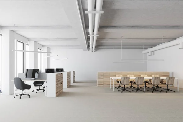 Açık alan ofis, ahşap kabinleri beyaz — Stok fotoğraf