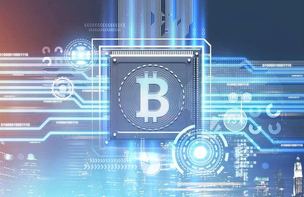 Bitcoin-Prozessor, blauroter Hintergrund, feuchte Stadt — Stockfoto