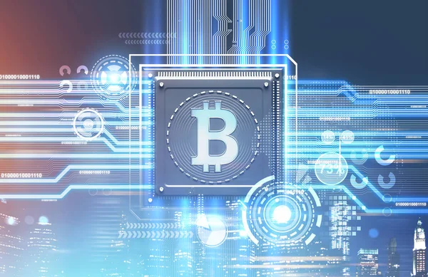 Processore Bitcoin, sfondo rosso blu, hud city — Foto Stock