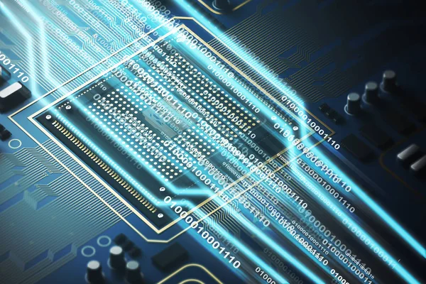 Blue circuit board with a processor, light — Stock Photo, Image