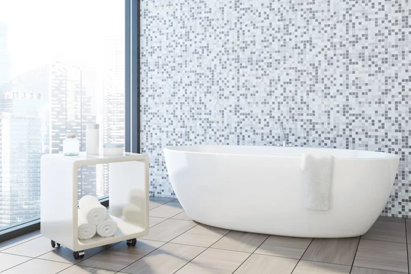 Gray tile bathroom corner, white tub — Stock Photo, Image