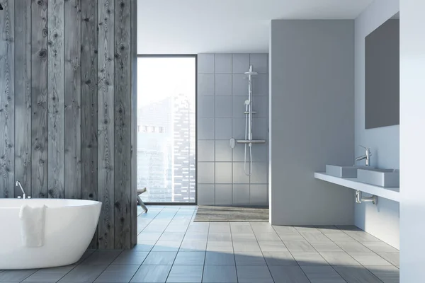 Gray and wooden bathroom interior, sinks — Stock Photo, Image