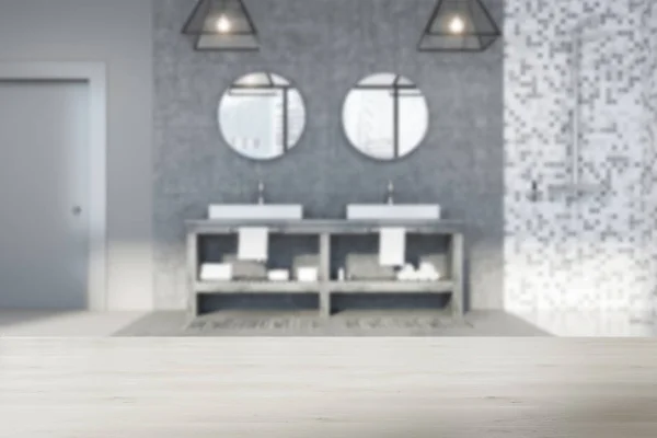 Bagno piastrellato grigio, doppio lavabo sfocato — Foto Stock