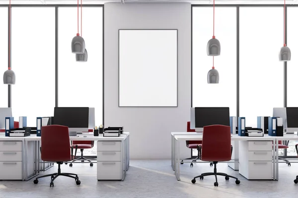 Graue Büroeinrichtung, rote Stühle, Plakat — Stockfoto