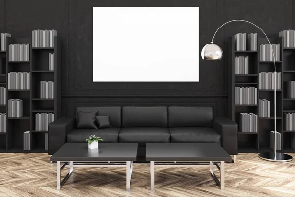 Salón negro, sofá negro, póster —  Fotos de Stock