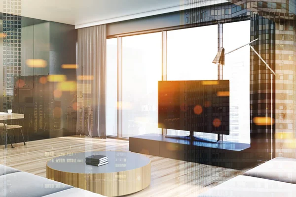 Moderno salón interior, televisor tonificado —  Fotos de Stock