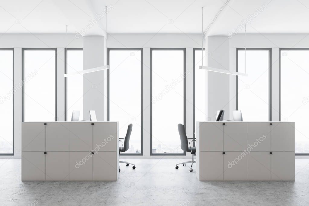 White open space office, white cubicles side