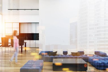 Beyaz oturma odası ve mutfak bulanıklık