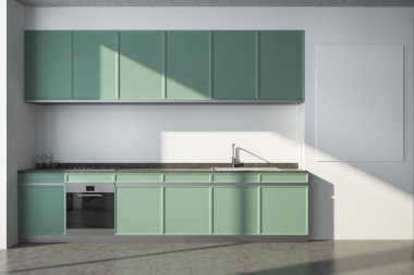 Beyaz mutfak tezgahı ve poster