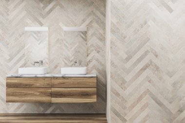 Beyaz ahşap banyo, çift lavabo