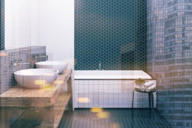 Altıgen karo banyo, beyaz ve Siyah tonlu küvet