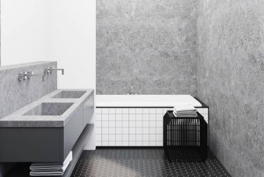 Beton banyo, kiremitli küvet ve lavabo