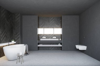 Siyah ahşap banyo ve tuvalet, yuvarlak küvet