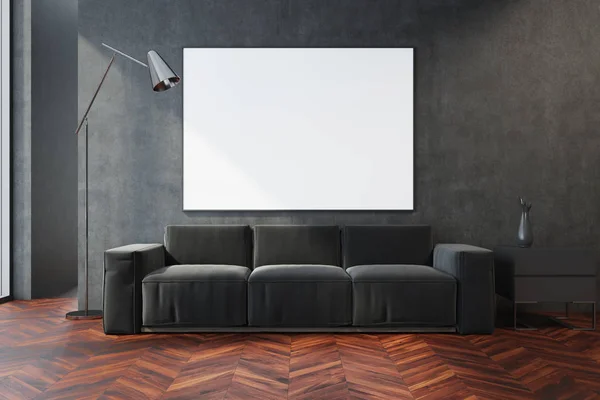 Сіра вітальня, сірий диван і плакат — стокове фото