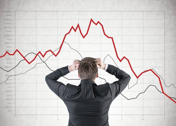 Businessman in terror, graphs concrete