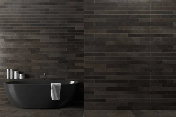 Black wooden bathroom, tub — Stock Photo, Image