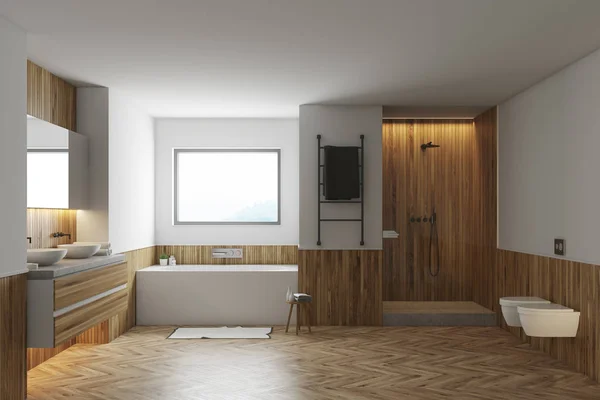 Salle de bain blanche et en bois, baignoire blanche, lavabos — Photo