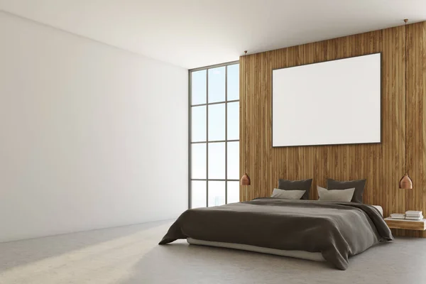 Kamar tidur putih dan kayu, ranjang abu-abu, poster — Stok Foto