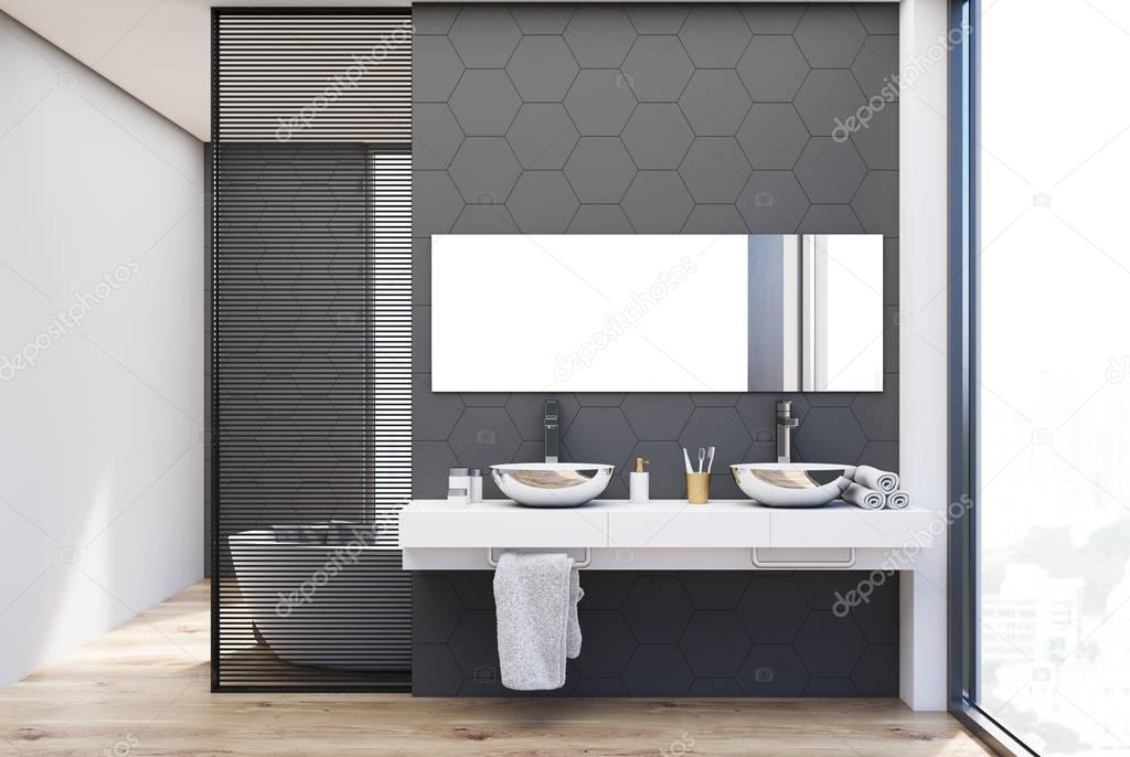Gray tile bathroom, double sink