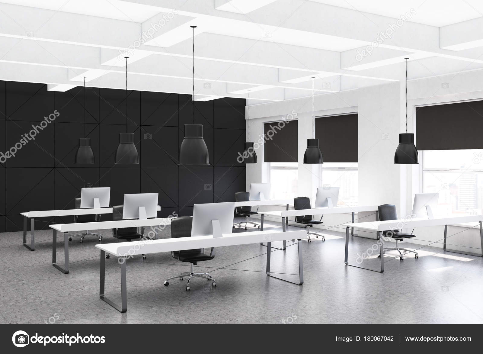 Black Open Space Office Corner Rows Of Desks Stock Photo