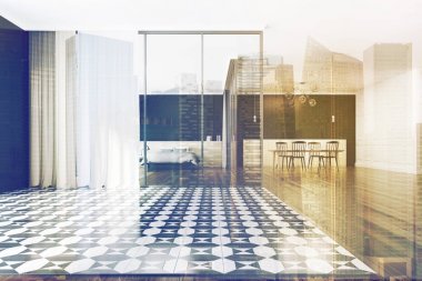 Damalı zemin yatak odası ve yemek odası tonda