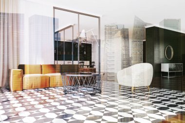 Tonda sarı oturma odası kanepe, beyaz koltuk