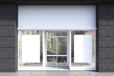 Gri ve beyaz kafe cephe, iki posterler