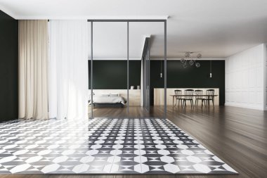 Damalı zemin yatak odası ve yemek odası