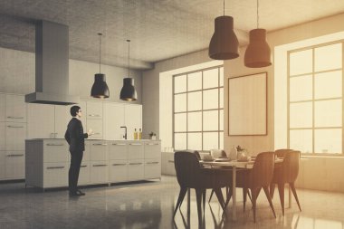 Gri mutfak köşesi, kare windows, tablo, dostum