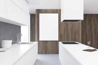 Ahşap mutfak, beyaz masa, poster