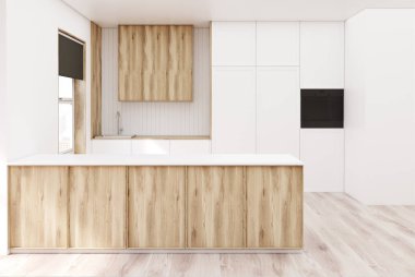 Bir ahşap bar ile beyaz mutfak