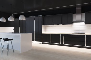 Yan, beyaz çini ve siyah mutfak iç, bar