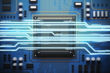 Blue circuit board with a processor, light top view clipart