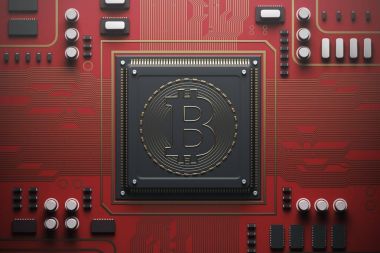Red circuit board with a processor, bitcoin clipart