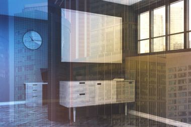 Gri oturma odası, poster, dolap yan tonda