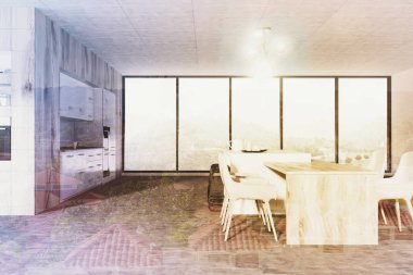 Panoramik mutfak, ahşap masa