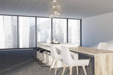 Gri mutfak köşesi, panoramik pencere