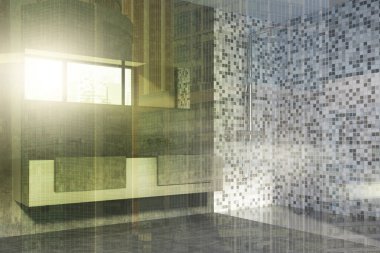 Beton ve döşeli banyo, çift lavabo tonda